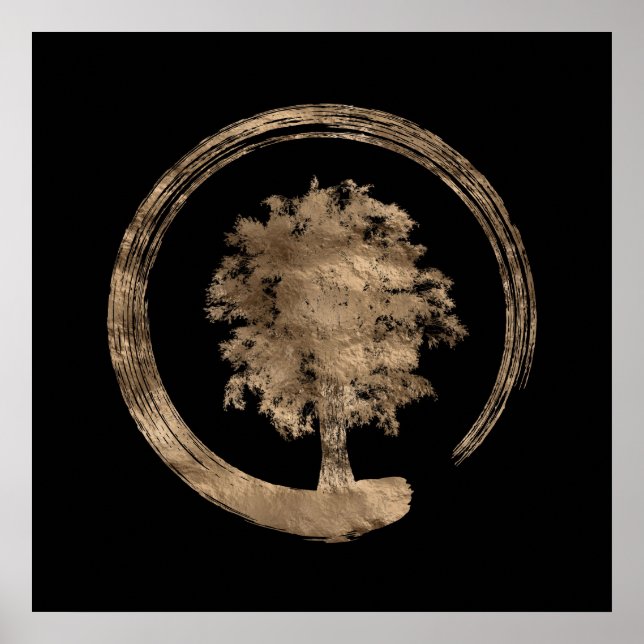 Poster Enso Zen Circle et Arbre - Or sur noir (Devant)