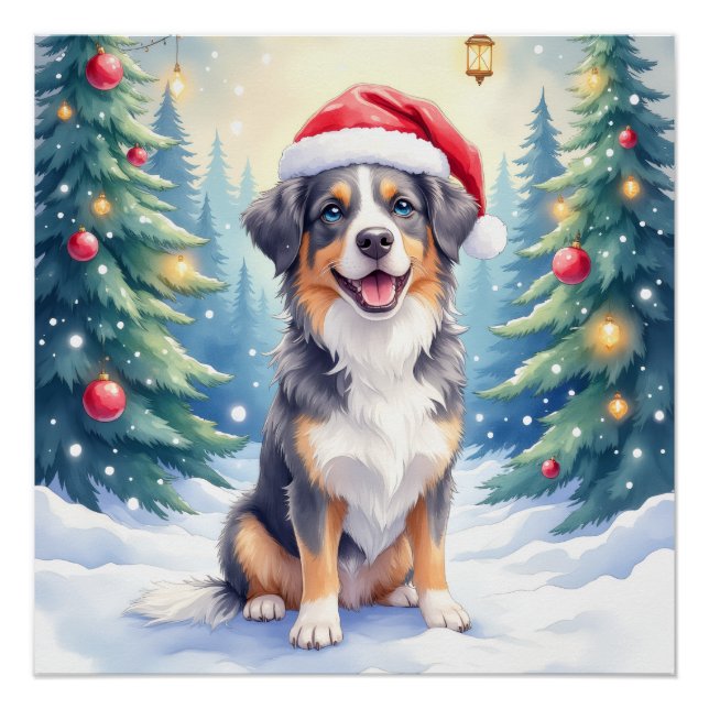 Poster Entlebucher Mountain Dog Snowy Forest Santa (Devant)