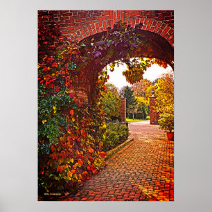 POSTER ENTRÉE EN BRIQUE ARCHÉE, FOLIAGE DE CHUTE, JARDIN 