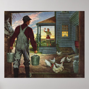 Poster Entreprise Vintage, Ferme avec Agriculteur et Poul