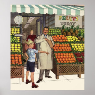 Poster Entreprise vintage, stand de fruits avec Grocer et