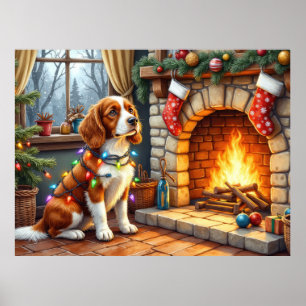 Poster Épagneul breton cheminée avec lumières de Noël