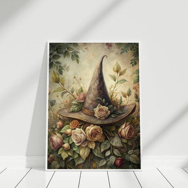 Poster Éperon de Herbe et de Fleurs - Boho Witch Casquett (Herb and Flowers Spell – Boho Witch Hat Wall Art in a white frame.)