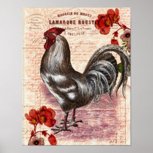 Poster Ephémère florale à coq vintage