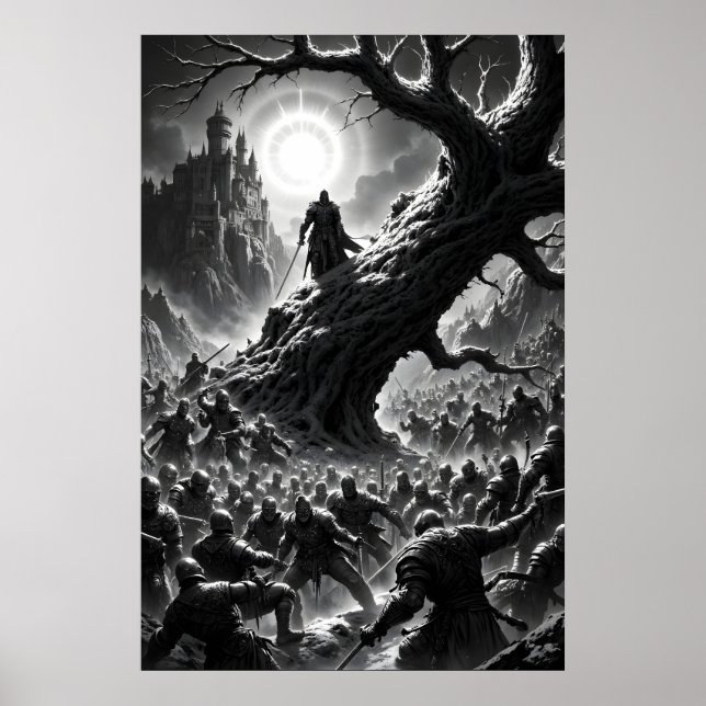 Poster Epic battle scene with medieval warriors under (Devant)