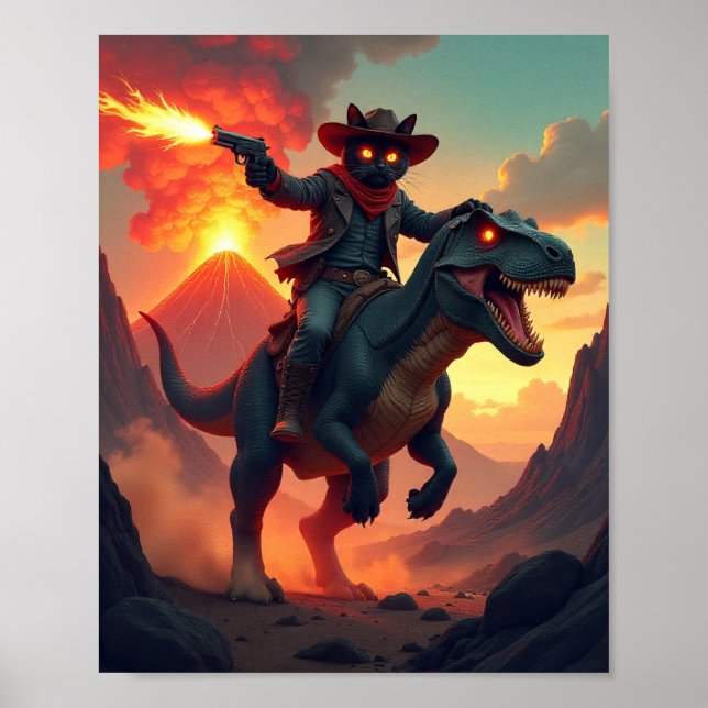 Poster Epic Cowboy Cat Riding Dinosaur | Fantasy Sci-Fi (Devant)