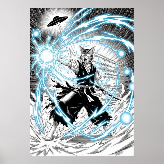 Poster Epic Manga Style Cat Warrior Energy Blast UFO (Devant)