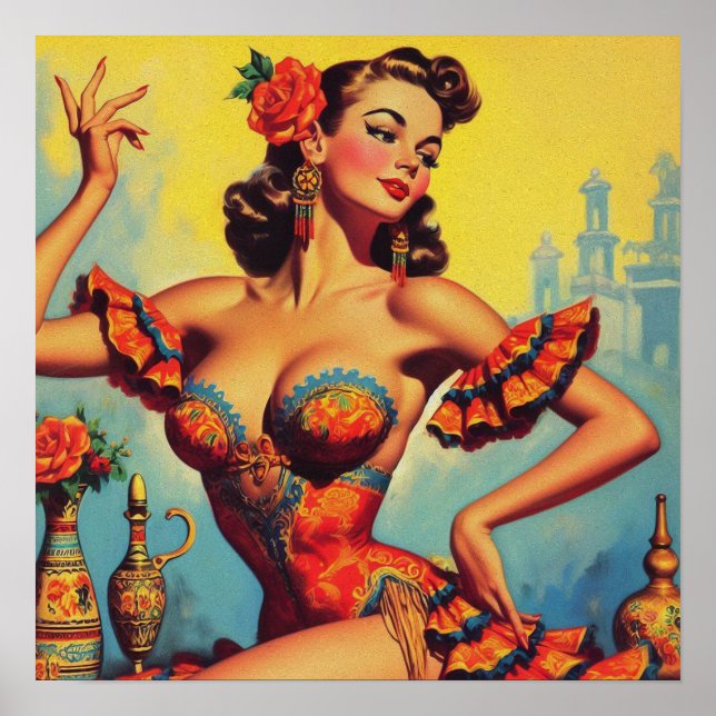 Poster Épingle vintage de flamenco vers le haut (Devant)