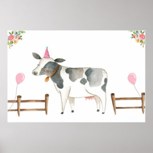 Poster Épingler la queue Vache ferme Animaux Fille Annive