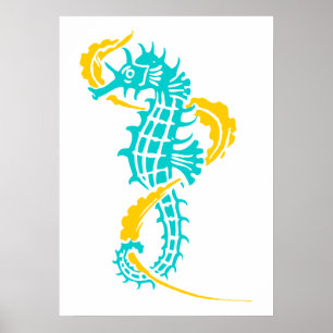 Poster Equestre bleu turquoise, jaune et algues