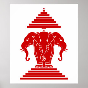Poster Erawan Trois éléphant en tête Lao / Laos Drapeau