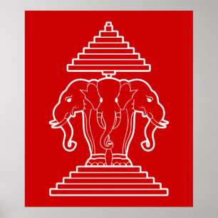 Poster Erawan Trois éléphant en tête Lao / Laos Drapeau
