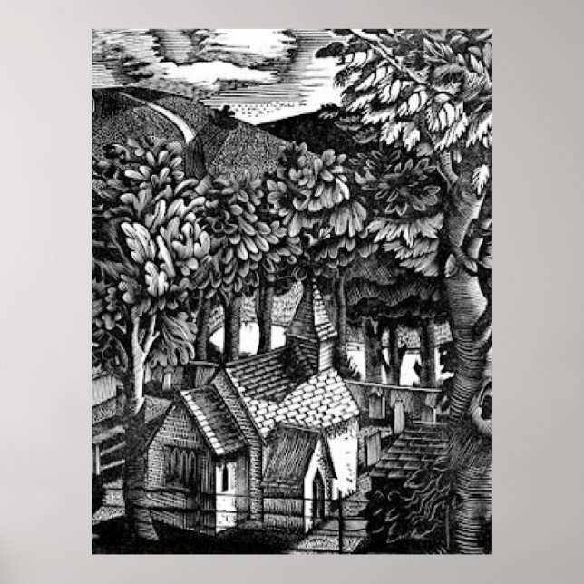 Poster Eric Ravilious - Église sous une colline, (Devant)