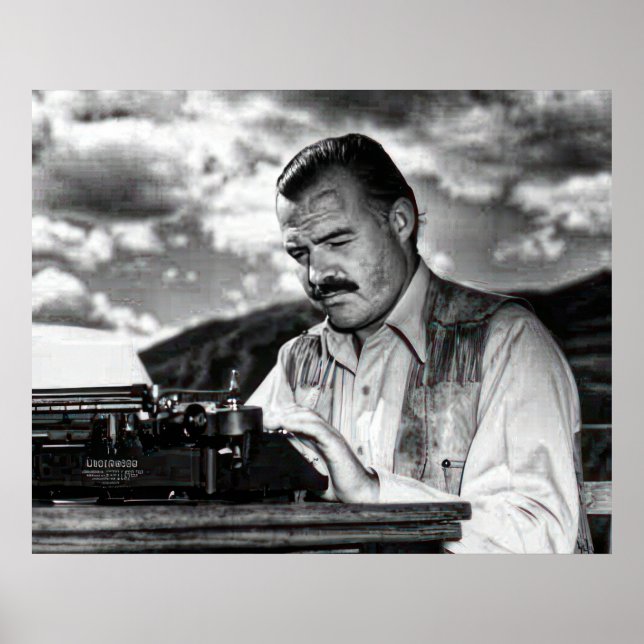 Poster Ernest Hemingway à sa machine à écrire (Devant)