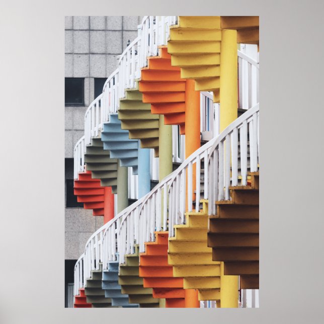 Poster Escaliers en spirale multicolores (Devant)