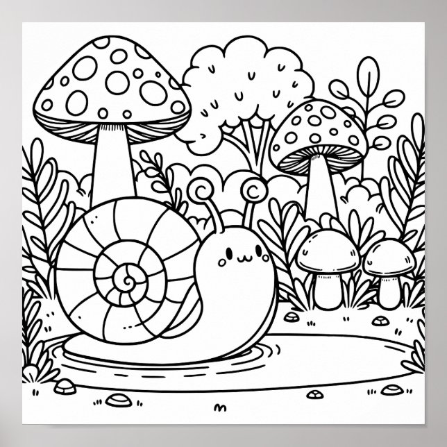 Poster Escargot et champignons mignons | Couleur (Devant)