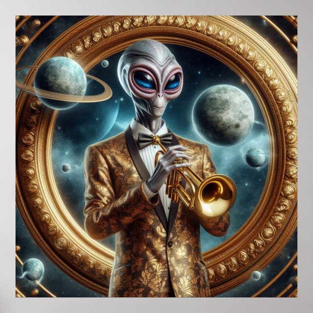 Poster Espace Alien Homme Jouer Trumpet Fancy Jacket (Devant)