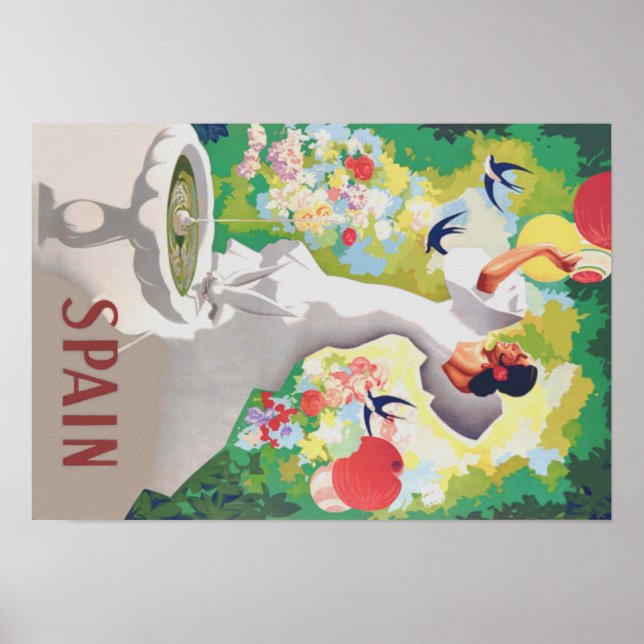 Poster Espagne Senorita Oiseaux Fleurs Fiesta Garden (Devant)