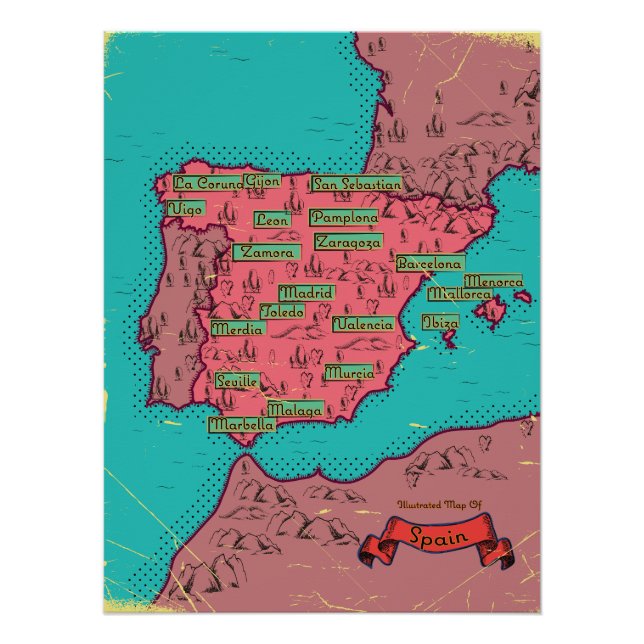 Poster Espagne Vintage vieille carte (Devant)