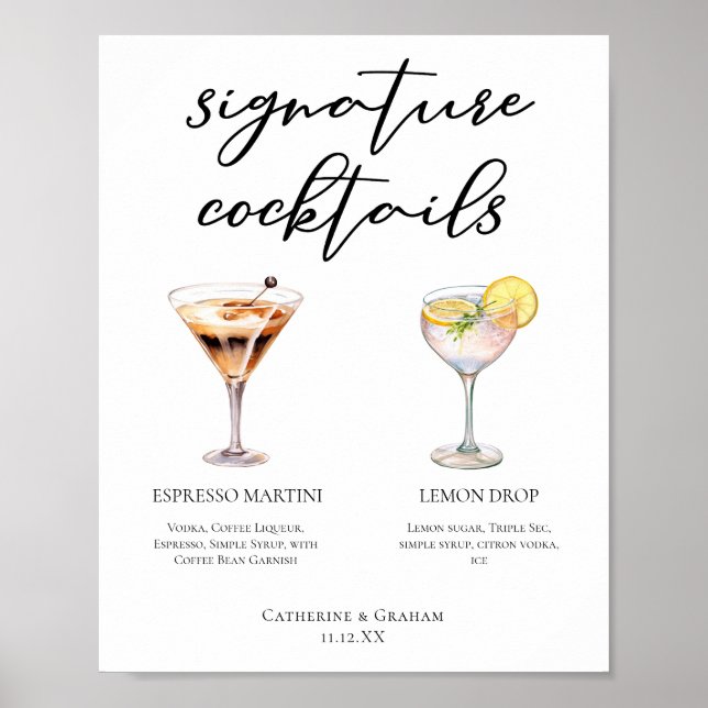 Poster Espresso Martini Lemon Drop Cocktails Menu Mariage (Devant)