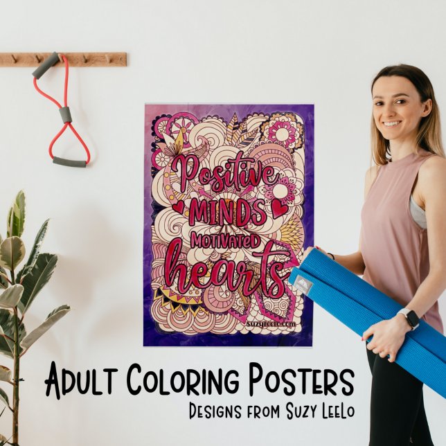 Poster Esprit positif Coeurs motivés Coloration adulte (Motivational adult coloring poster that says 'positive minds motivated hearts')