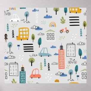 Poster Esquisses urbaines : Enfants Vintage Cityscape