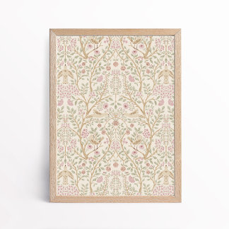 Poster Esthétique Rose Beige Oiseaux dans les Arbres Bota