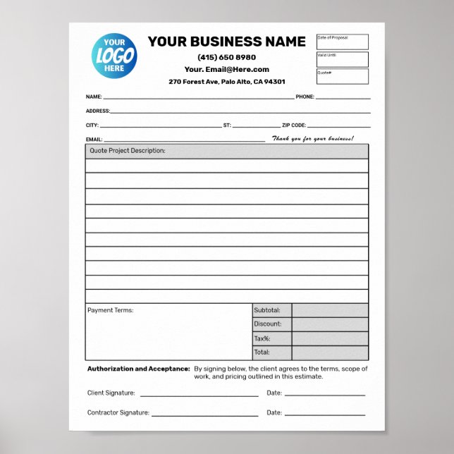 Poster Estimate Quote Job Proposal Forms Contractor (Devant)