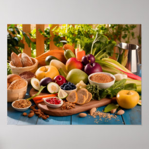 Poster Étaler la nourriture saine sur la table en bois ru