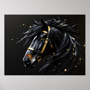 Poster Étalon noir sur fond noir avec des touches d'or et
