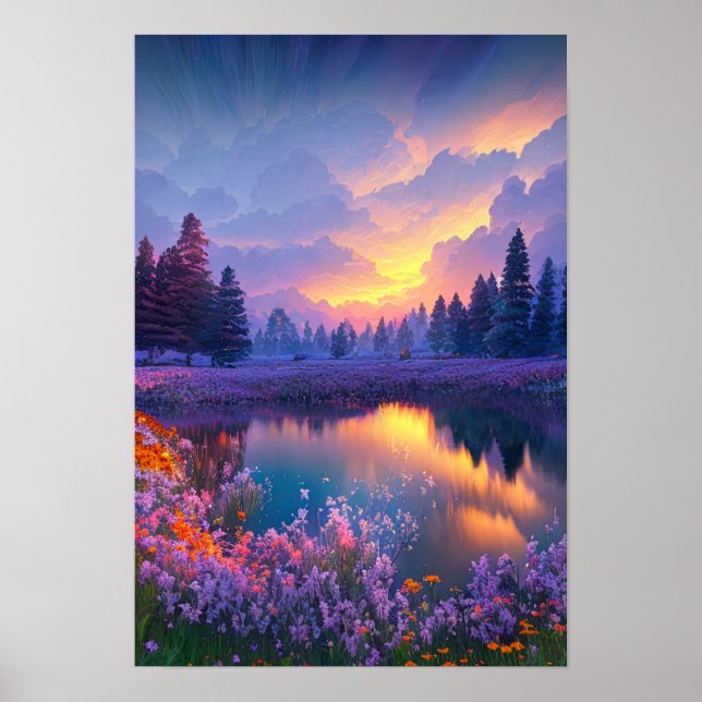 Poster Étang paisible au milieu de Violet Flora (Devant)