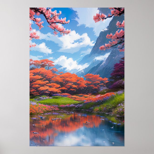 Poster Etang paisible au milieu des arbres rouges majestu (Devant)