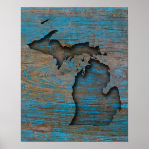 Poster État du Michigan, sculpté en bois rustique