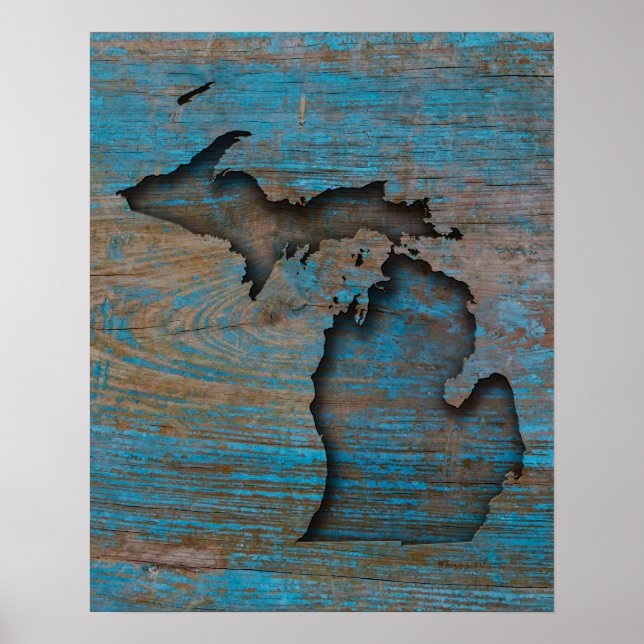 Poster État du Michigan, sculpté en bois rustique (Devant)