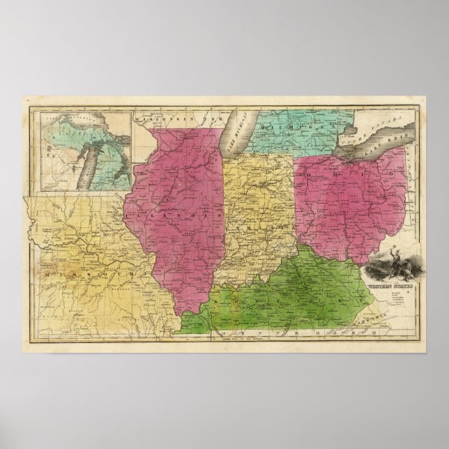 Poster États de l'Ouest avec carte inset du Haut Michigan (Devant)