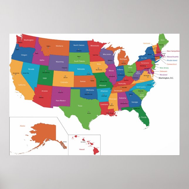 Poster - États-Unis avec les villes de la capitale (Devant)