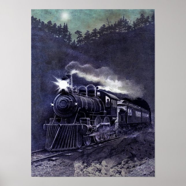 Poster Etching couleur victorienne - Train à vapeur (Devant)
