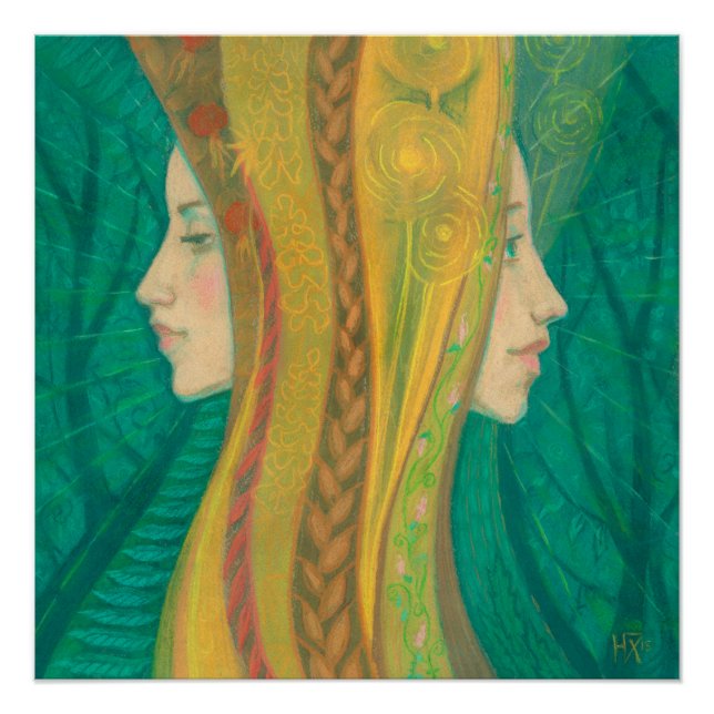 Poster Été Dryad Girls Forest Imaginaire Art Vert Jaune (Devant)