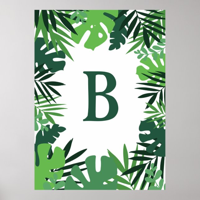 Poster Été jungle tropicale palme feuilles monogramme (Devant)