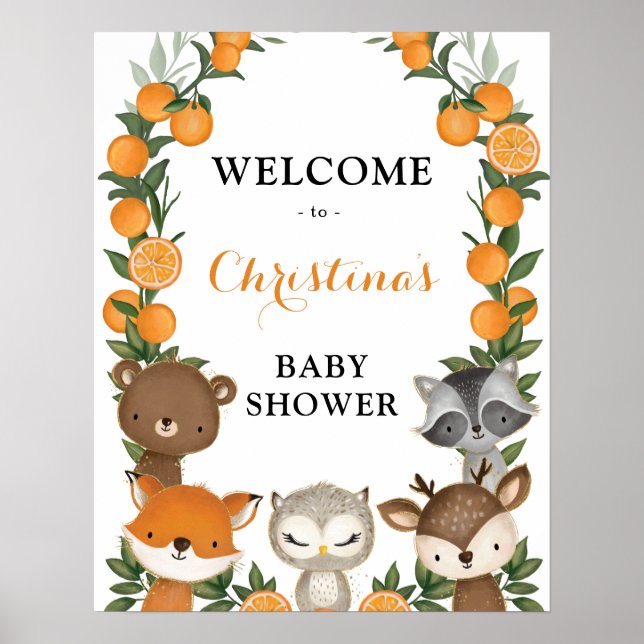 Poster Été Orange Citrus Woodland Baby shower Bienvenue (Devant)