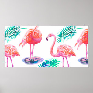 Poster Été tropical avec flamants roses feuilles de palmi