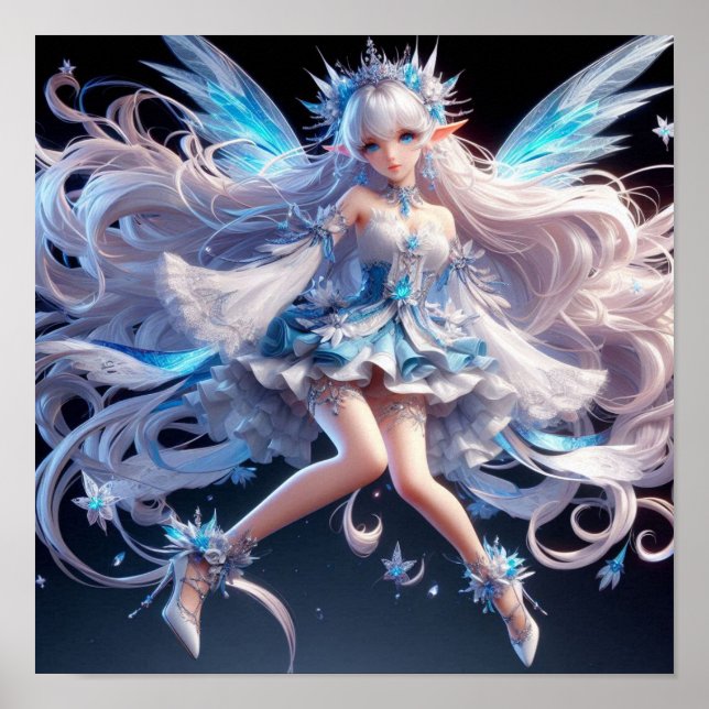 Poster Ethereal Ice Queen Fairy with Flowing White Hair (Devant)