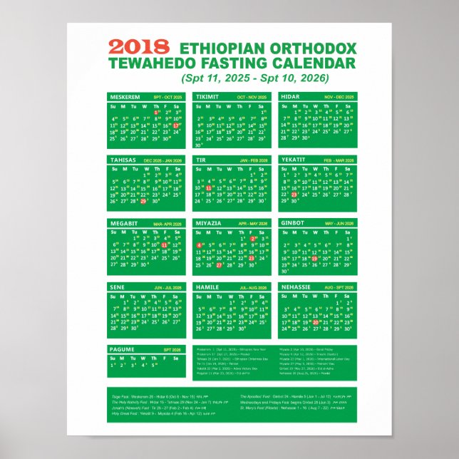 Poster Ethiopian Orthodox Fasting Calendar 2018 (Devant)