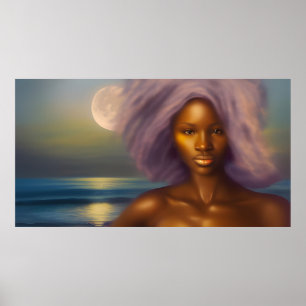 Poster Ethnique belle femme plage lune océan clair