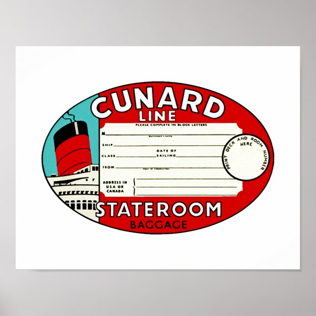 Poster Étiquette de bagage de ligne Cunard (Devant)