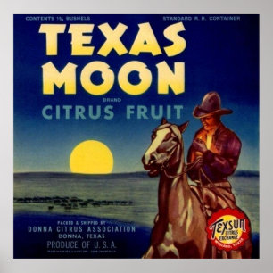 Poster Étiquette de caisse d'agrumes de lune du Texas