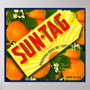 Poster Étiquette de caisse de fruits Orange Sun-Tag Brand