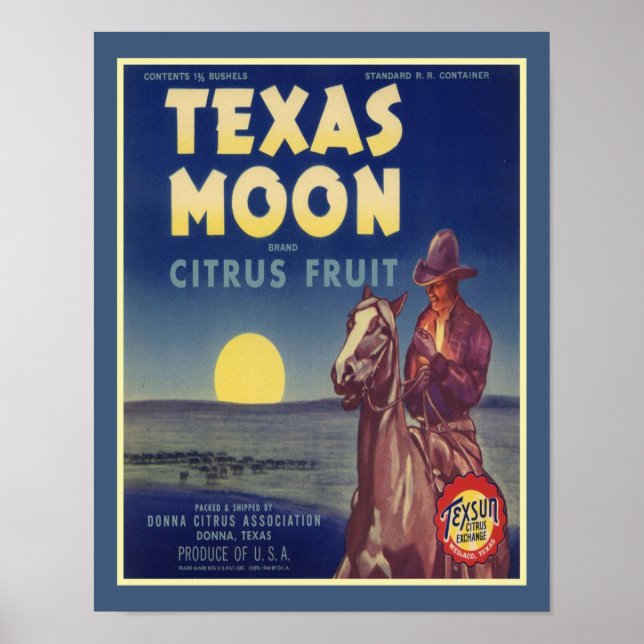 Poster étiquette de fruits Texas Moon dans les années 195 (Devant)