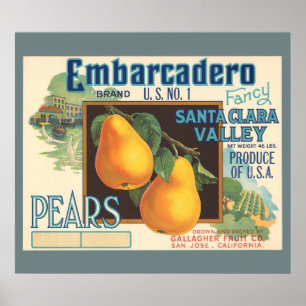 Poster Étiquette vintage de caisse Embarcadero de poires