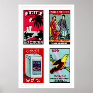 Poster Étiquettes de boîtes d'allumettes indiennes bleu c